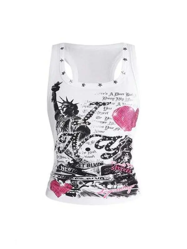 Street Life Women's Y2K Retro Streetwear All-Match Sexy Slogan Print Rhinestone Tank Top