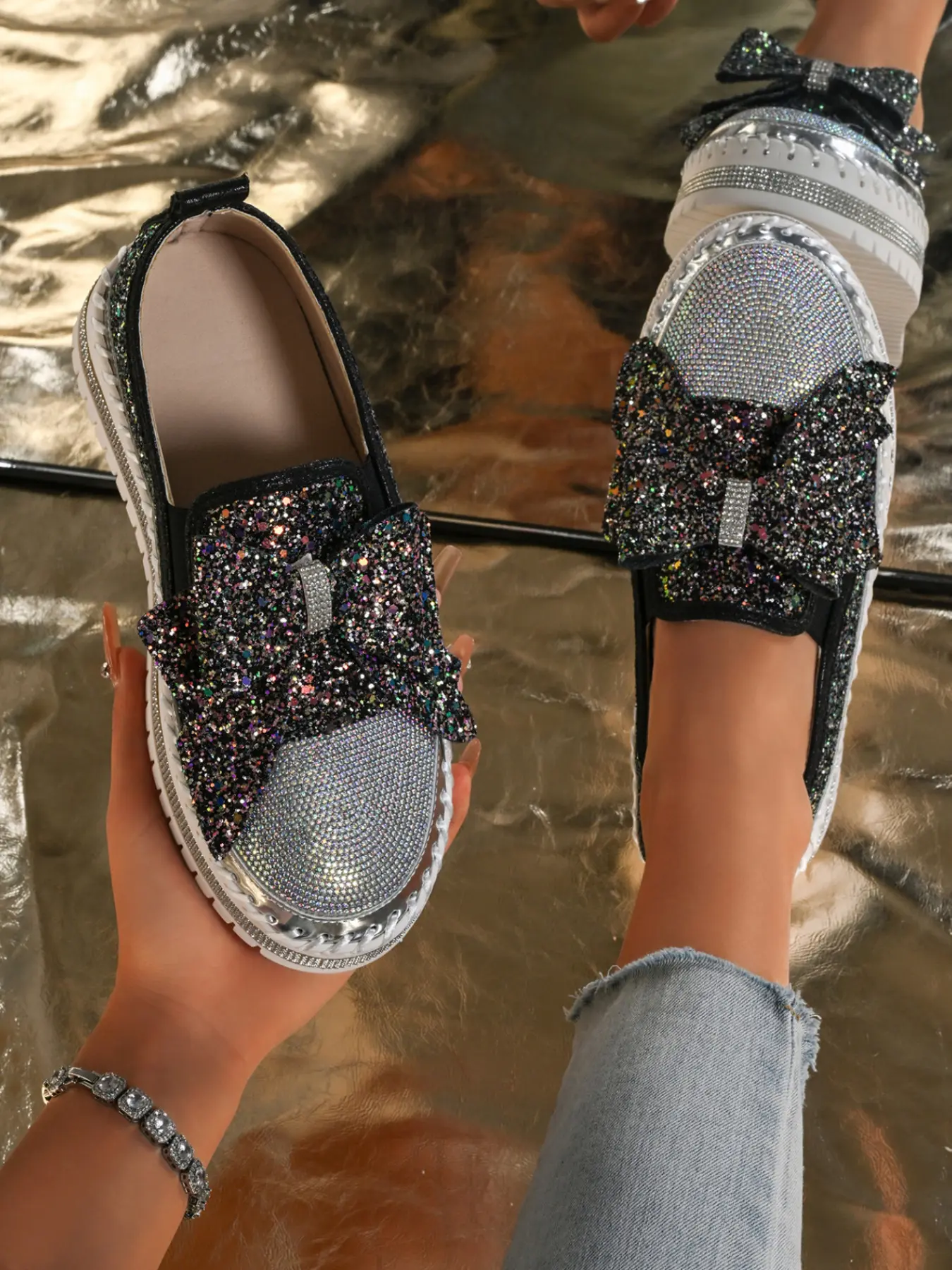 Multicolor Sequined Rhinestone Elastic Band Platform Shoes, Anti-Slip Women's Fashion Shoes, Comfortable Butterfly Design, Casual Style, Summer Casual Shoes-