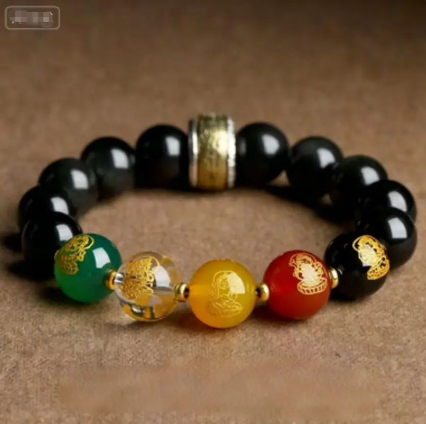 14mm Rotatable Amulet Obsidian Bracelet, Taoist Five Paths of Wealth Talisman for Abundance & Protection