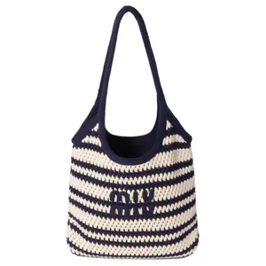 Women's MIU MIU Ivy Logo Woven Tote Bag - Blue and White, Gold Metal Hardware