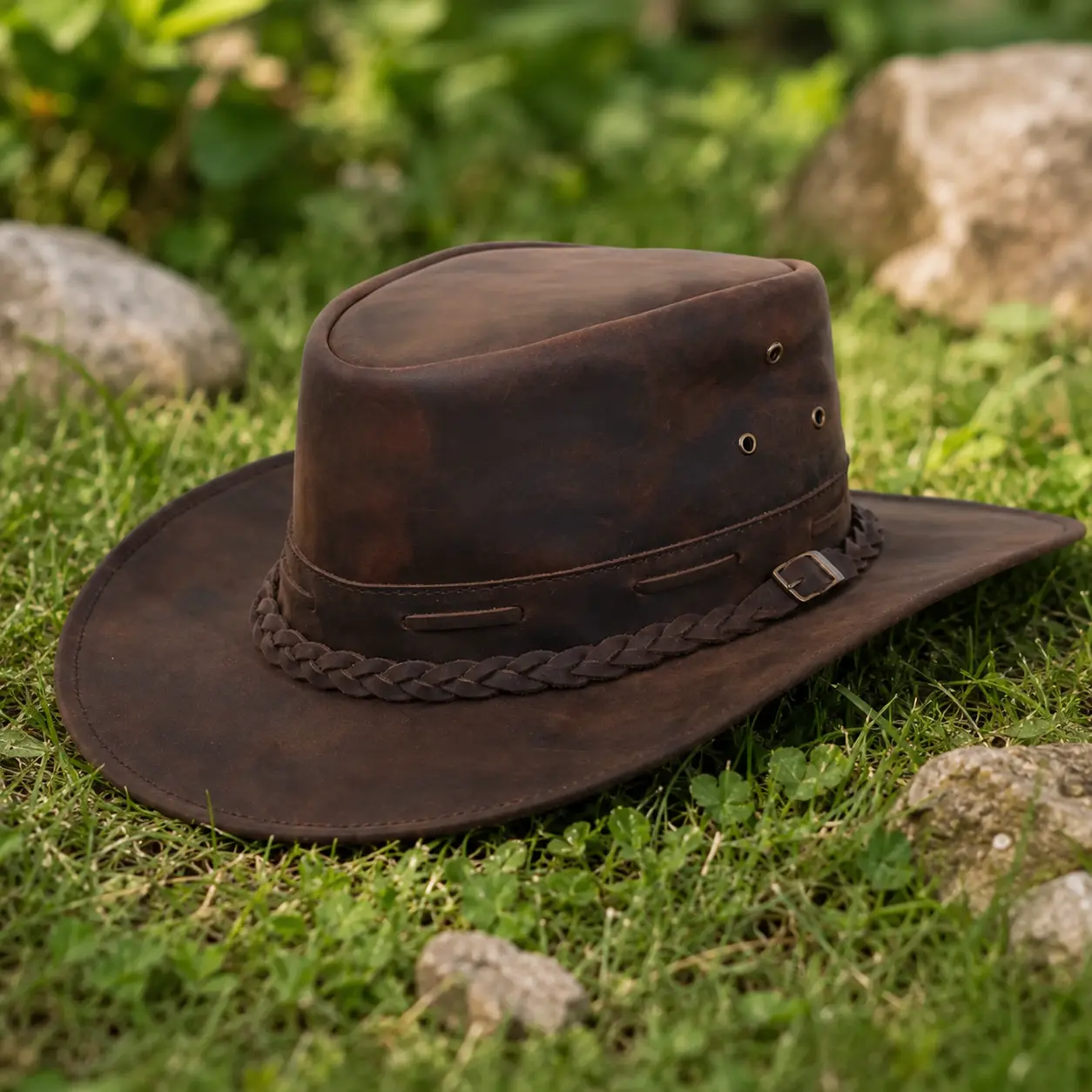 Rustic Leather Cowboy Hat for Men & Women – Genuine Distressed Leather Western Hat with Shapeable Brim, Braided Leather Band