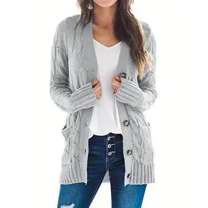 Cozy Plus Size Light Gray Knit Cardigan for Women - Elegant Long Sleeve, Button Closure, Solid Color Sweater Jacket with Pockets, Perfect for Fall & Winter, Machine Washable