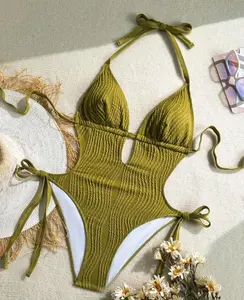 Soleia Summer Outfit Plus Size Women Olive Green Knitted Jacquard Textured V-Neck Backless Halter Tie Front Beach One Piece Swimsuit Sexy Vacation Outfit