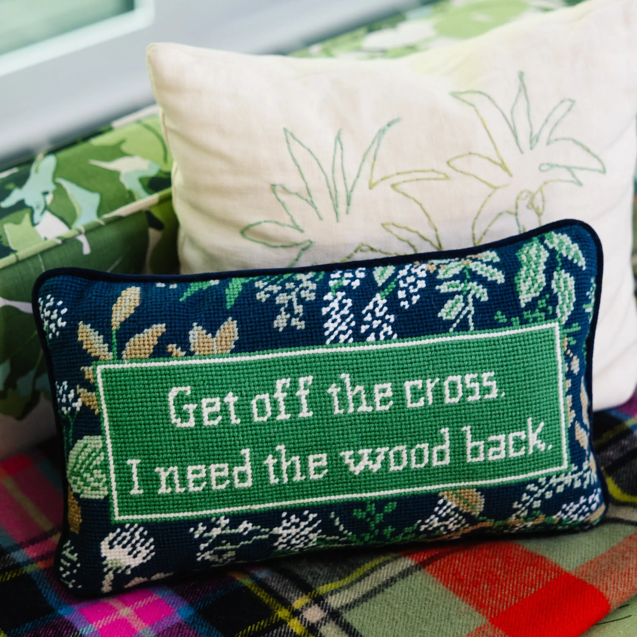 Velvet Needlepoint Pillow, 9"x15", Humorous Quote Design, Embroidered Details, Playful Prints, Home Decorative Accent Pillow, Embroidery