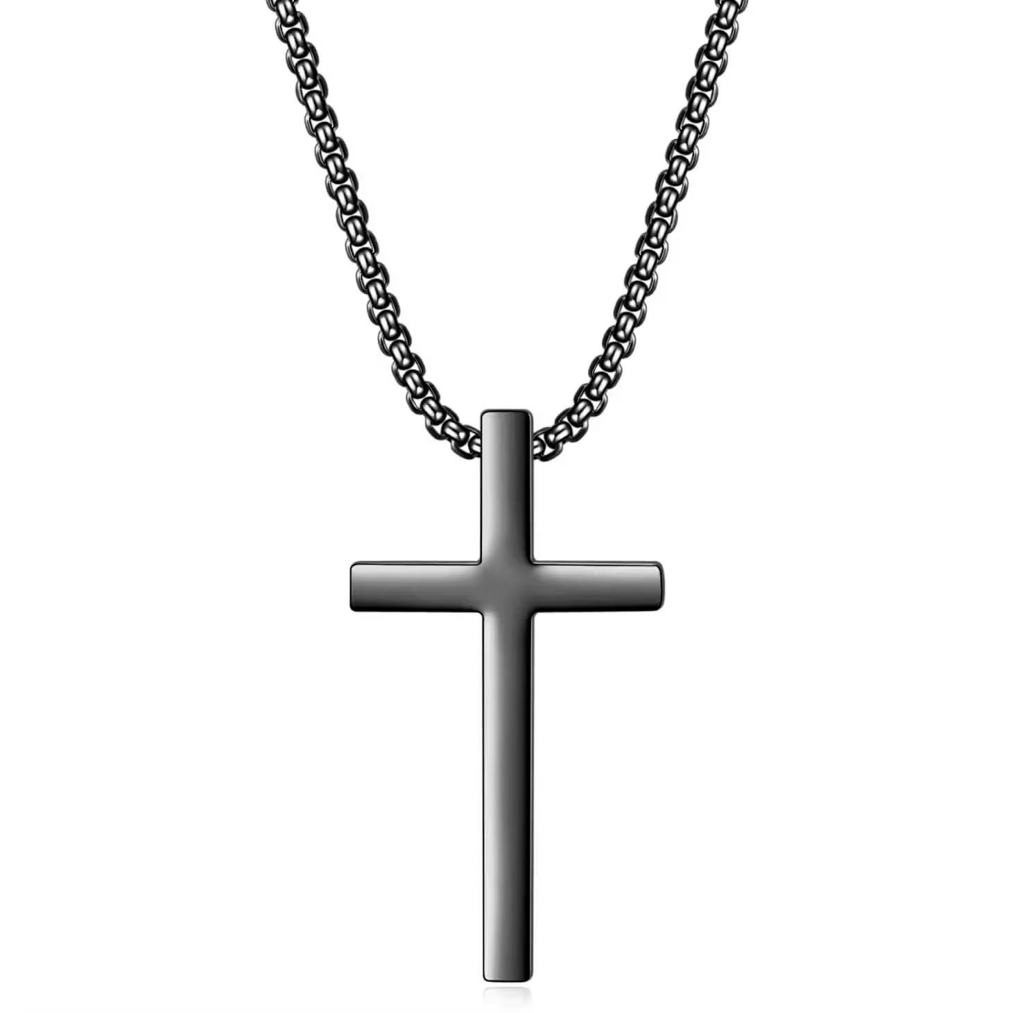 Stainless Steel Cross Necklace for Men – Christian Pendant with Box Chain, Silver & Gold Options, Religious Jewelry Gift for Boyfriend Son