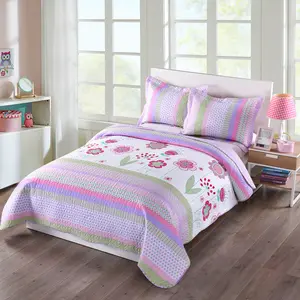 2/3 Piece ute Girls Floral Ladybug Quilt Set, Pink Purple Striped Patchwork Quilted Bedspread with Pillowcases, Soft Breathable Cotton Bedding, Kids Bedroom Decor
