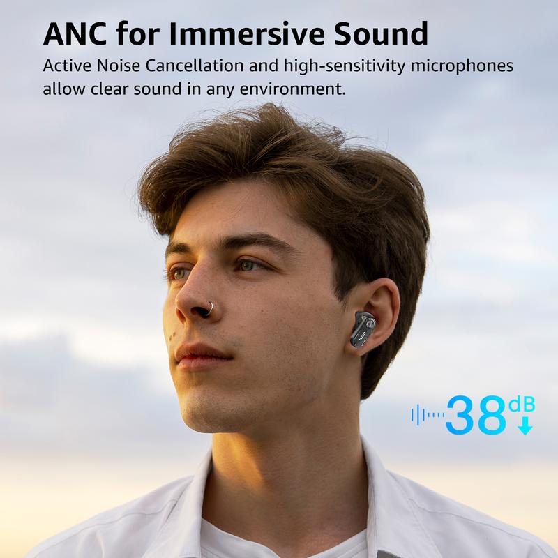 TOZO-Crystal Pods Hybrid Active Noise Cancelling Wireless Earbuds, Dual Mics ENC AI Clear Calls, Bluetooth 5.4 in Ear Headphones, 35H Long Playtime, IPX5 Waterproof Headset Black Charging Audio Electronic Connection Custom Stereo Chargeable
