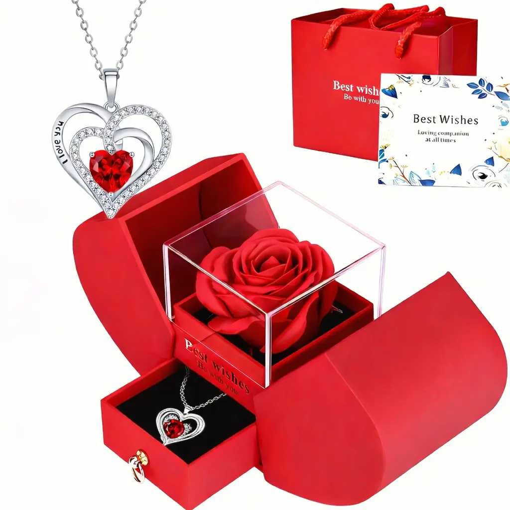 Preserved Rose Gift Box with Heart Necklace for Mom, Wife & Girlfriend | Romantic Jewelry Gift for Birthday, Anniversary & Special Occasions, Mothers Day Gift Ideas, Gifts For Women
