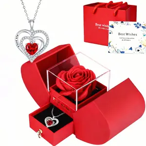 Necklace with Red Crystal Rose Box 925 Sterling Silver Perfect Gift for Mother's Day,Heart shape Wife, Birthday, Anniversary, Mother's Day Jewelry Gift for Her