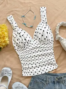 Lumi Hot Girl Style Halter Knot Knitted Women's Vest, New Summer Streetwear Casual White Top with Black Dots, Slim-fitting Mid-length Sleepless Top for Trendy Girls Everyday