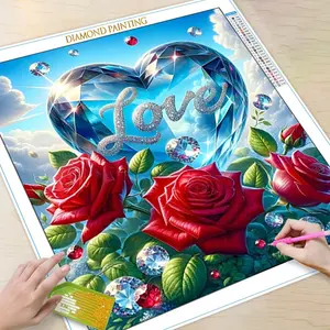 Rose & Glass Heart Pattern Diamond Art Colorful Painting Kit without Frame, DIY Diamond Decorative Art Picture for Beginner, Wall Art Decoration for Home