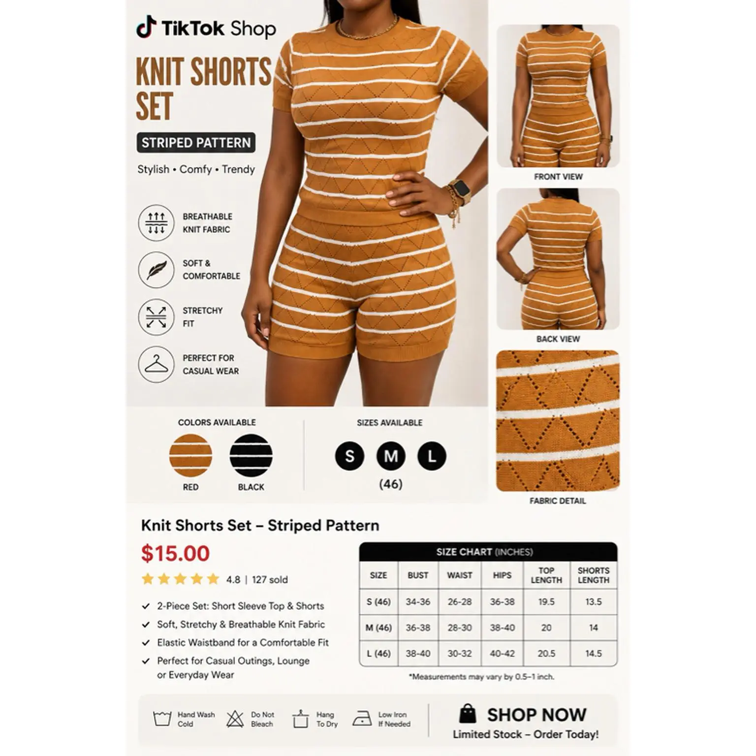 TikTok Shop Knit Shorts Set - Striped Pattern, Soft & Stretchy, Breathable Knit Fabric, Perfect for Casual Wear, Sizes S M L, Red & Black