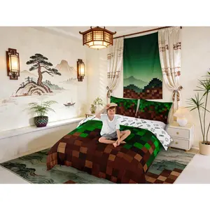 Pixelated Girls Bedding Set,Patchwork Grid Video Games Duvet Cover Set,Miners Lattice Simple Room Decor,Dark Green Brown Quilt Cover,(No Comforter)