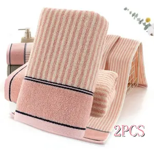 2 Pcs Pink Hand Towels Set, Cotton Striped Pattern Absorbent Soft Decorative Towel for Bathroom 13.4 x 29.1 Inch