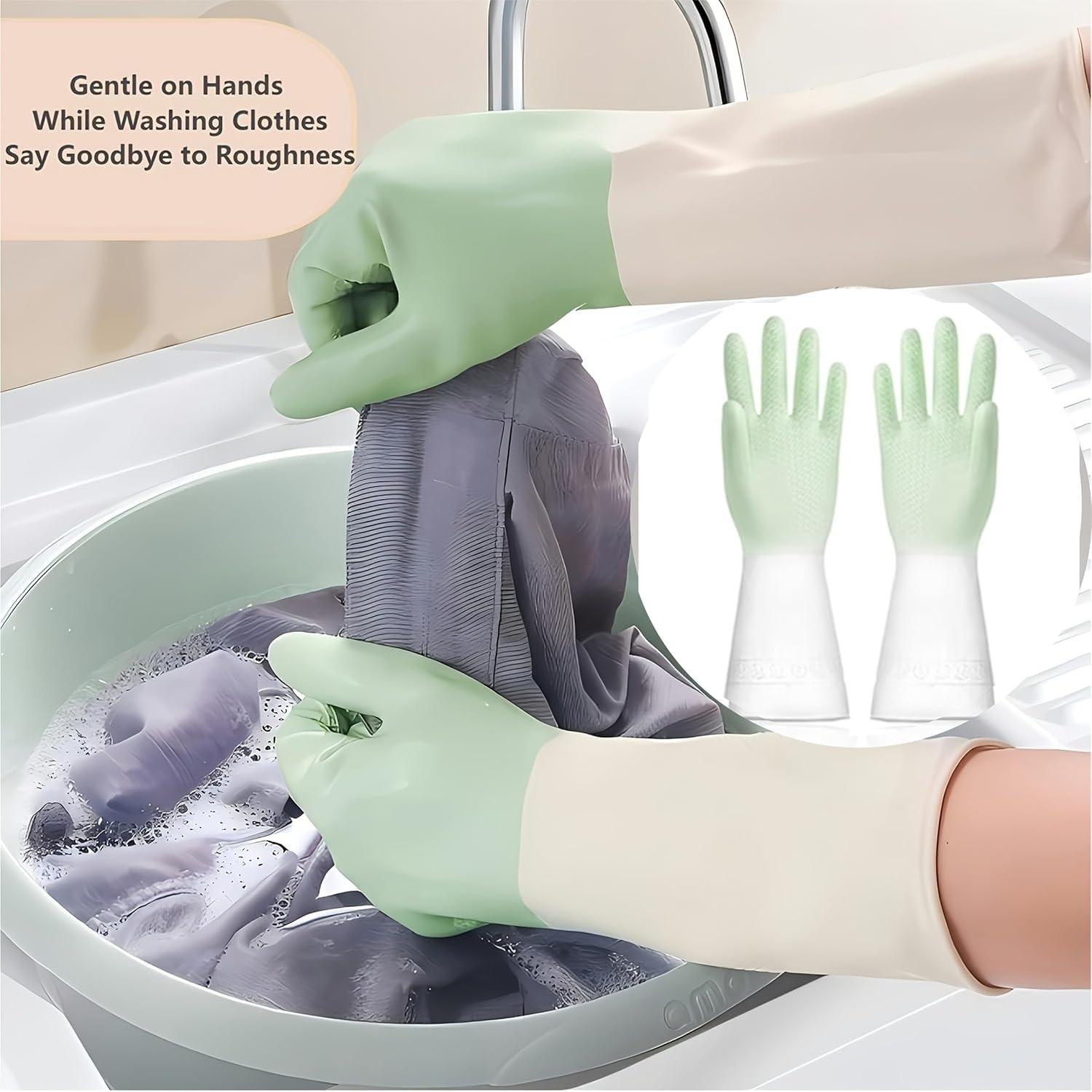 3 Pair Two Tone Long Cuff Cleaning Gloves, Non Slip Household Dishwashing Gloves, Waterproof Rubber Work Gloves for Kitchen Washing, Bathroom Scrubbing, Household Chores