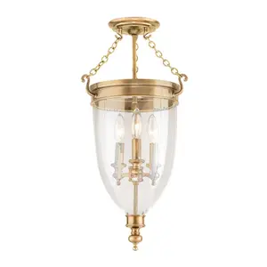 Hanover Semi-Flush Ceiling Light with Clear Bell-Shaped Glass and Aged Brass Finish