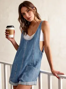 Women's Loose Denim Overall Shorts, Washed Roll Cuff Bib Jean Jumpsuit With Pockets