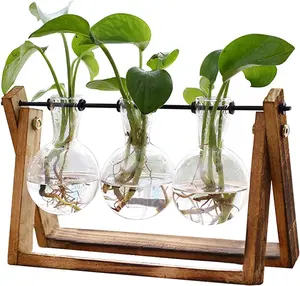 Plant Propagation Station with Retro Wooden Stand - 3 Bulb Glass Vases Hydroponic Planter for Home Office Desk Decor, Plant Lover Gift