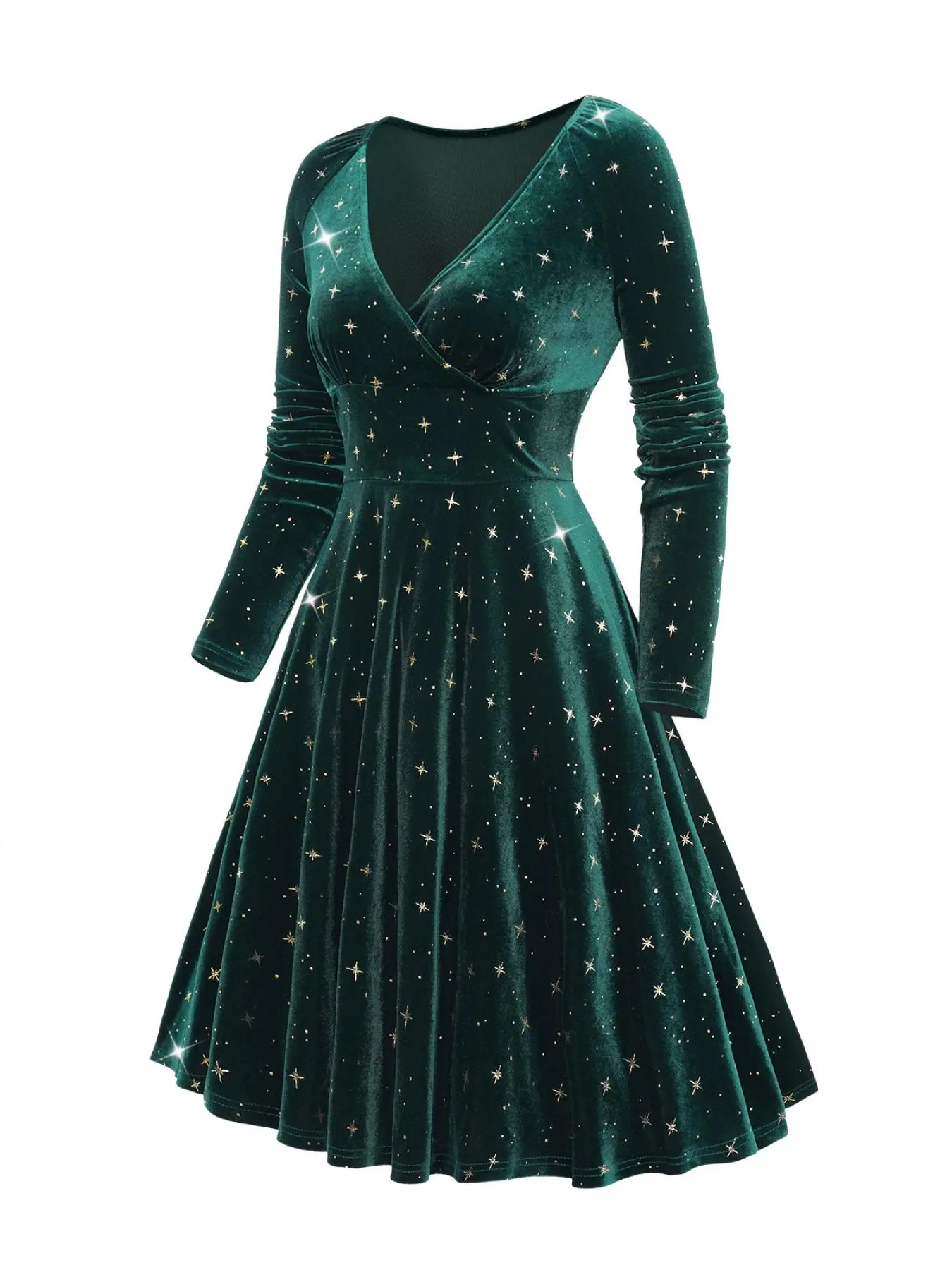 Women's Fashion All Over Star Print Wrap Stretchy Slim Velvet Dress, Feminine Elegant Formal Raglan Sleeve V Neck Midi Dress for Party Holiday Wedding Guest, Ladies Fall & Winter Clothes