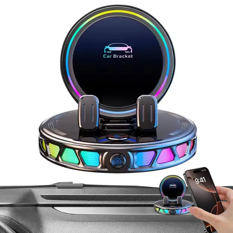 360 Rotating Magnetic Wireless Car Phone Holder, Dashboard Windshield, RGB Ambient Light, Super Stable Vacuum Cup, Auto Lock, Compatible with iPhone and Android