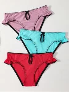 3pcs-Lolita Style Women's Panties, Sweetheart Design, Side Bone Extended Wooden Trim, Butterfly Decoration, Hollow Out Fashion