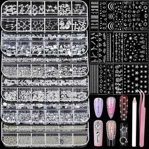 Nail Charms and Gems Silver Rhinestones for Nails with 15 Sheets Nail Stickers, 6 Boxes Nail Gems Y2K Accessories Pearls for Nails, Cross Nail Charms for Nails Design Caviar Beads for Nails