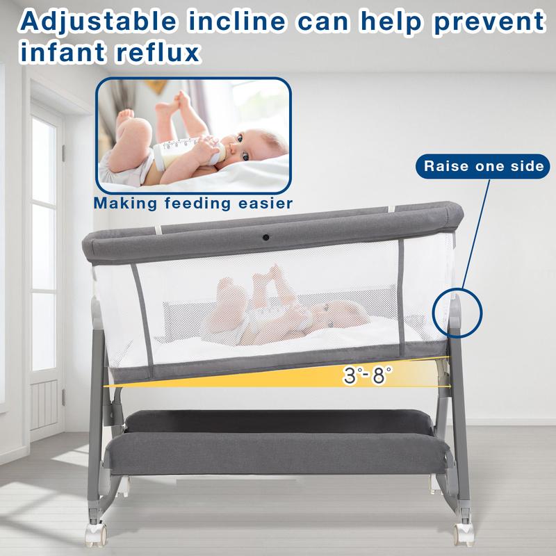 3 in 1 Kids Bassinet Bedside Sleeper, Bedside Bassinet for Kids, Rocking Bassinet with Wheels, Height Adjustable Bedside Crib for Newborn with Mattress, Storage Basket, Mosquito Net