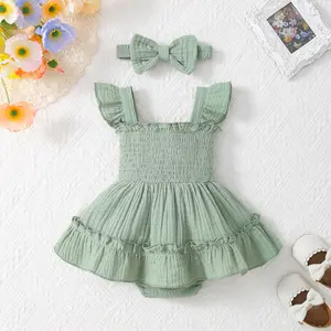 Newborn Baby Girl Summer Clothes Sleeveless Smocked Romper Dress Ruffles Jumpsuit Bodysuit with Bow Headband