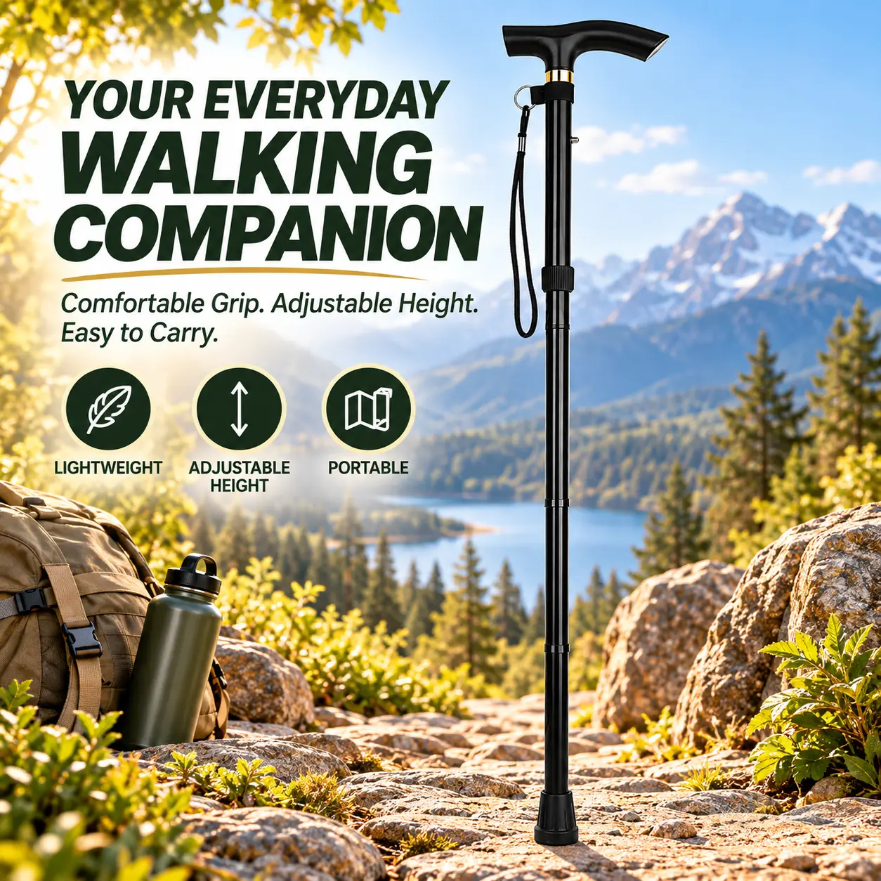 Foldable Walking Cane for Men & Women, Adjustable Height 33.5–37.4 Inch, Lightweight Aluminum Walking Stick with Ergonomic T-Handle, Wrist Strap & Non-Slip Rubber Tip for Travel, Hiking & Daily Walking