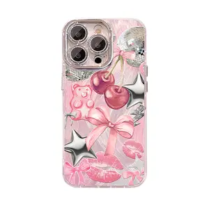 Disco Ball & Cherry Pattern Phone Case for iPhone 11/12/13/14/15/16/17 Pro Max,17Air,14/15/16 Plus,X,&XS Max; feather-veil texture design, anti-fingerprint, lens film & full-body drop protection.