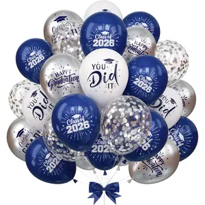Navy Blue and Silver Graduation Balloons, 12 Inch 2026 Navy Blue Silver White Confetti Grad Latex Balloons for class of 2026 Graduation Party Decorations Supplies