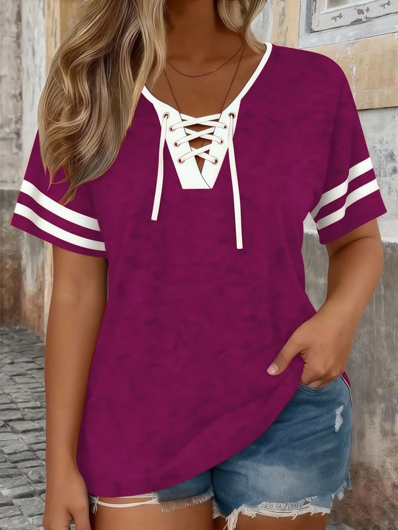Elegant Striped Print V-Neck Drawstring Cross Strap Tie Up Shirts Plus Size Fit Women's Short Sleeve T-Shirt, Casual Fashionable European and American Style Top, Womenswear
