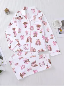 Women's Fall Winter Long Sleeve Sleepwear Loungewear Set, Denim Pattern Print, Soft Fabric, Elegant Casual, Comfortable Flap Top & Wide Leg Pants