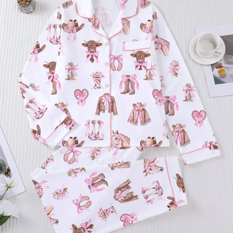 Women's Fall Winter Long Sleeve Sleepwear Set Pajama, Pattern Print, Soft, Elegant Casual, Comfortable Flap Top & Wide Leg Pants