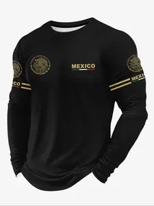 Men's 3D Print Long Sleeve T-Shirt, Breathable Comfort, Casual Sports Mexican Pattern, Fitted Crop Top, Athletic Style Activewear, All Seasons Wear, Athletic Training Apparel