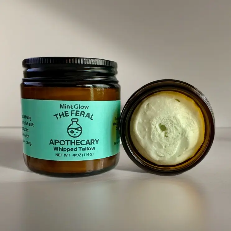 Mint Glow Moisturizing Whipped Tallow face balm by The Feral Apothecary 2oz. & 4oz. - Nourishing with an infusion of Wild Mint (Salicylic Acid), Peppermint, Tea Tree, & Lavender essential oils Calming Cream Gentle Moisture Smooth Blend Body Moisturizer