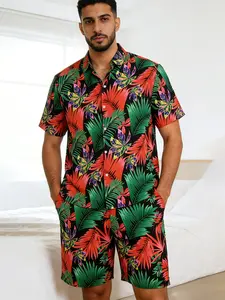 Men's Tropical Printed Sleepwear Loungewear Set, Short Sleeve Shorts Pajamas, Casual Home Wear with Pocket and Drawstring Waist, All Seasons