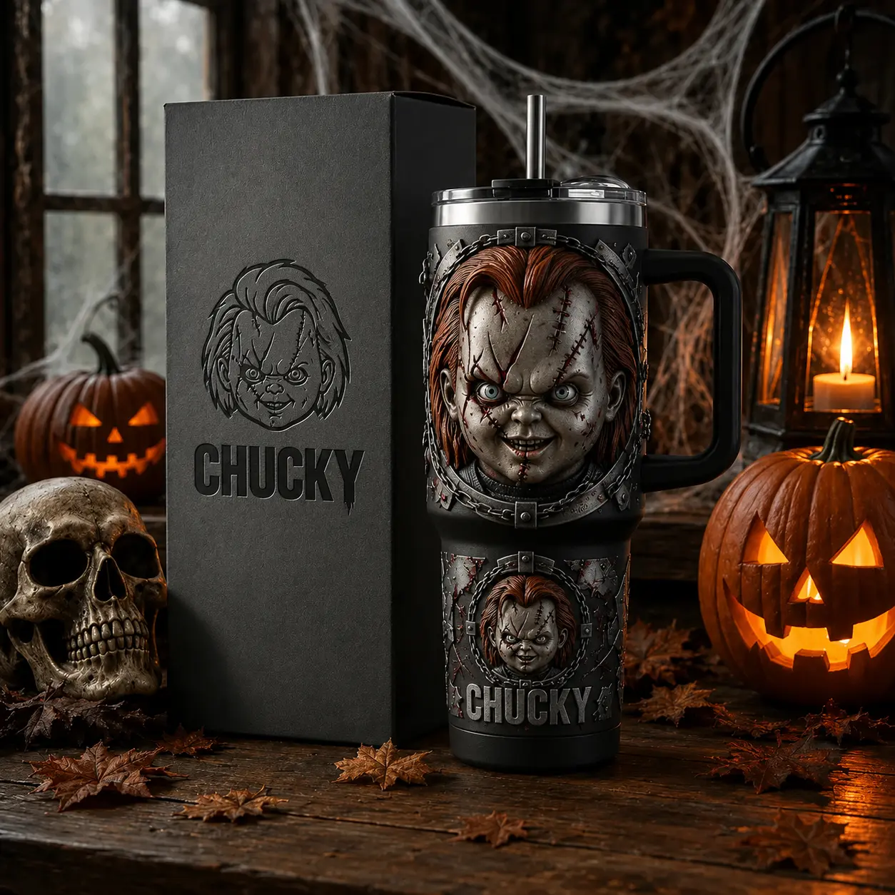 Chucky Child’s Play 40oz Tumbler with Handle and Straw, Stainless Steel Vacuum Insulated Travel Mug, Horror Movie Halloween Cup, Reusable Drinkware, Gift for Horror Fans