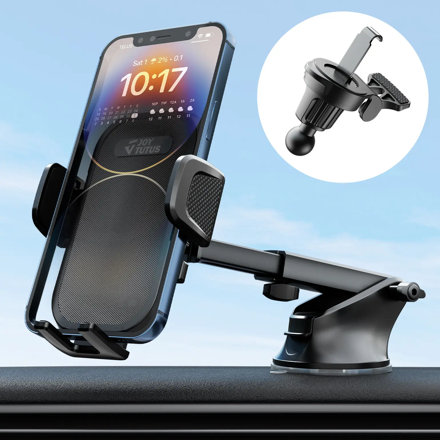 Joytutus 3-in-1 Universal Car Phone Mount with 360° Adjustable Ball Head & Metal Hook for All Smartphones & Car Models - Upgraded Suction Cup & Vent C