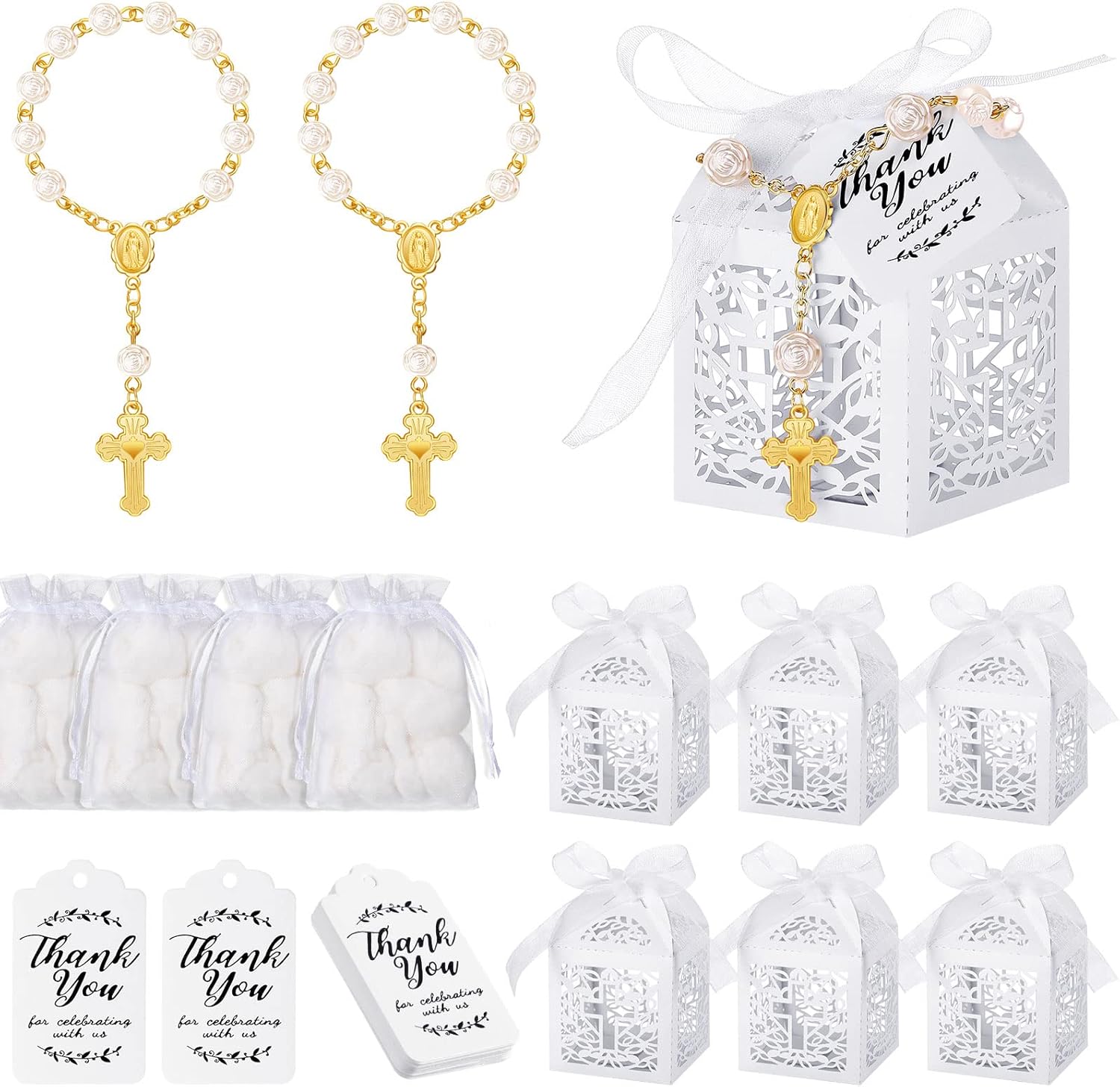 100PCS Baptism Rosary Sets Includes 25 Mini Baptism Rosary with Angel, 25 Favor Boxes, 25 Organza Bags and 25 Thank Tags for Wedding Shower Decor
