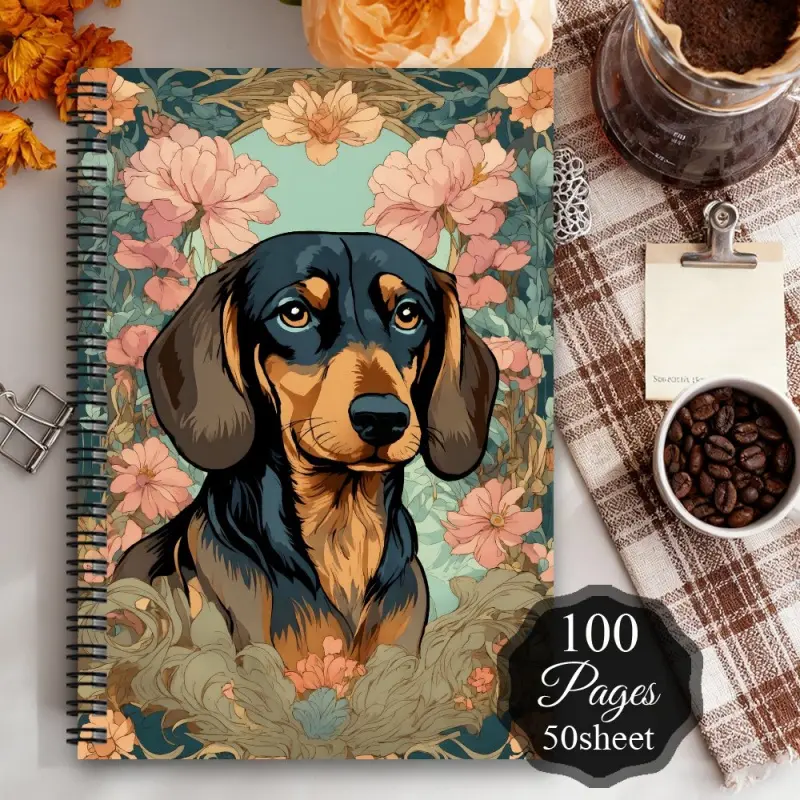 1 Cute Dachshund Dog Spiral Notebook - Mini Diary and Planner, featuring a Dachshund theme cover, pink and cyan plant dog design, small pointy tail pattern - Portable pocket notebook, suitable for pet lovers (birthday gift, school use)