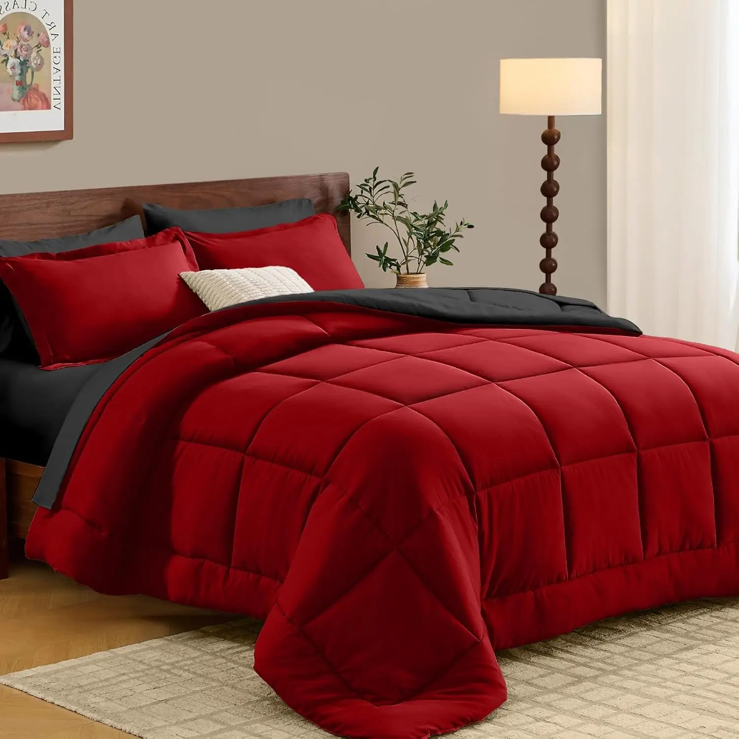 Queen Comforter Set 7 Pieces, Reversible Comforters Queen Size Bed in a Bag, All Season Bedding Sets Includes Comforter, Flat Sheet, Fitted Sheet, Pillowcases & Shams, Red & Black