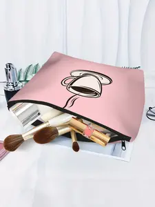 1pc, Portable Steaming Cup on Pink Print Corduroy Makeup Bag, Lightweight Cosmetic and Toiletry Organizer with Textured Corduroy, Perfect for Travel and Everyday Use