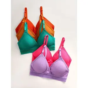 5Pcs Elegant Wireless Bras, Comfort Ribbed Texture Design, Breathable Soft Fabric, Adjustable Straps, Daily Wear Lingerie Set