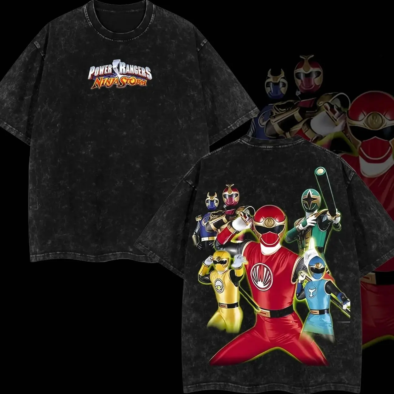 Power Rangers Vintage Unisex Oversized Printed Round Neck Acid Washed Lightweight Cotton T-shirt, Men's Apparel Tops, Anime Merch Gift For Anime Fans