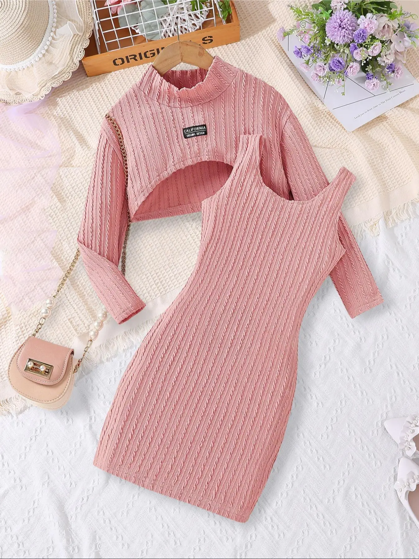 Two-Piece Set Girl's Solid Textured Letter Patched Crop Tee & Tank Dress Set, Casual Fashion Long Sleeve Mock Neck Top & Sleeveless Dress for Daily Ou