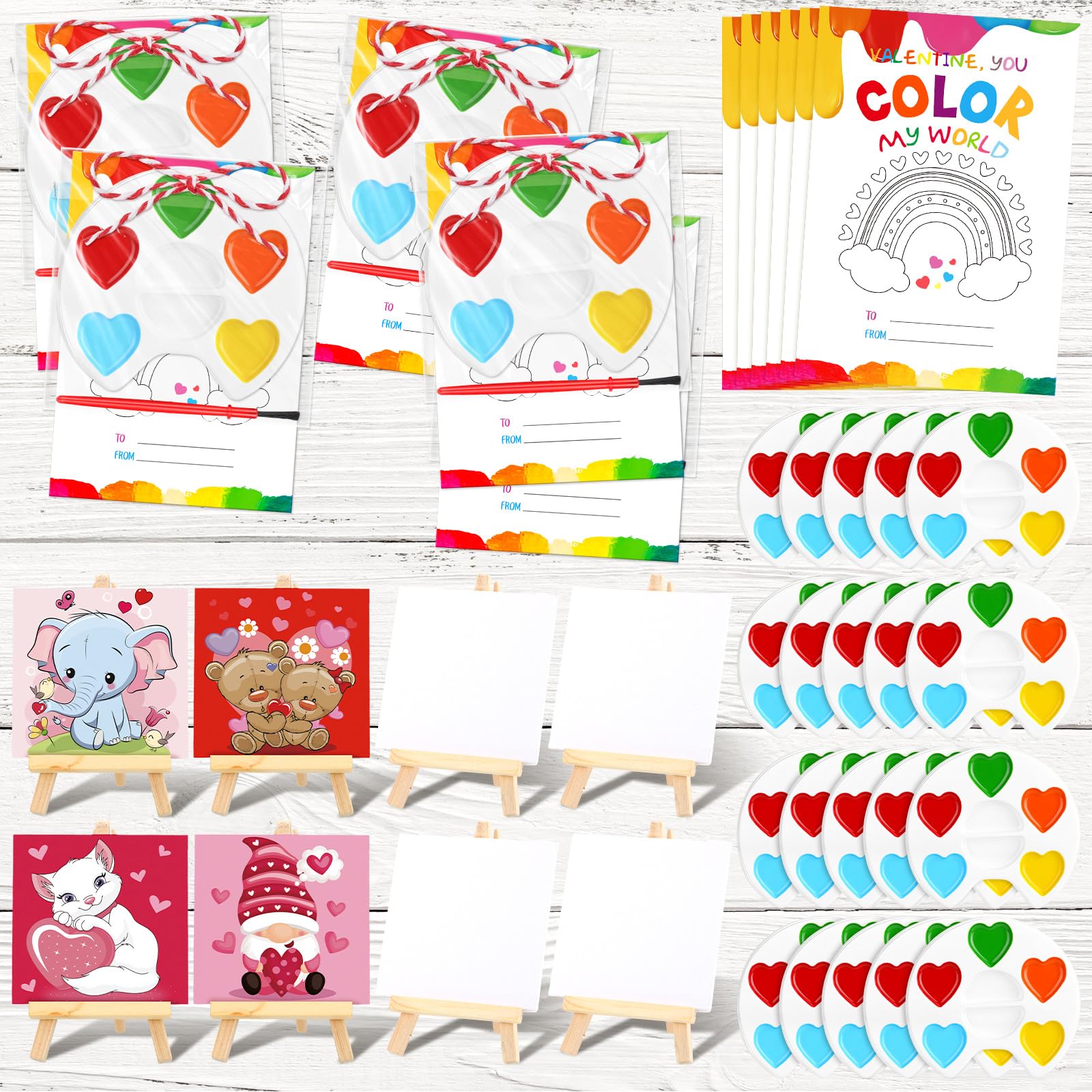 18/36 Pcs Mini Watercolor Paint Sets Valentines Day Gifts Bulk for Kids Valentines Cards Include watercolor Paint and Canvas Panel with Wooden Easel Brush Kit for School Classroom teacher students Holiday Gifts