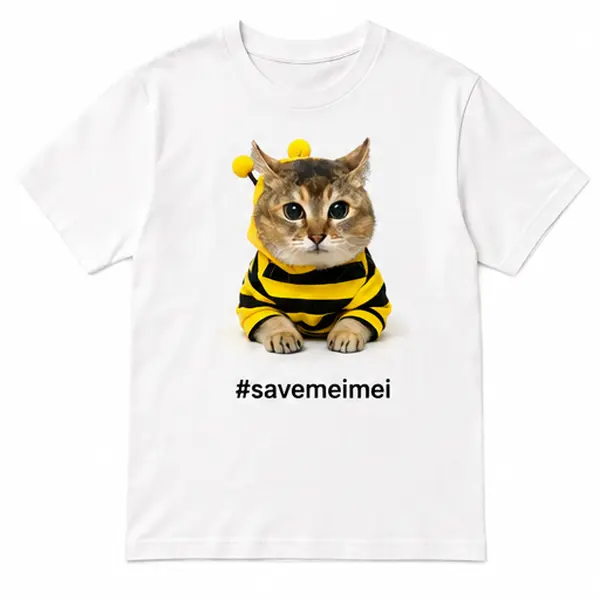 Save Meimei Bumblebee Hashtag SaveMeimei Cute Cat in Bee Costume Graphic T-Shirt White Unisex Oversized Cotton Casual Short Sleeve Tee Aesthetic Streetwear Apparel Summer Top