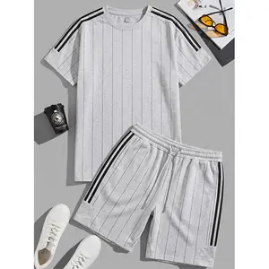 Men’s sports fitness set with vertical stripes: all-over stripes plus side stripes; loose, breathable short-sleeve top and shorts two-piece set