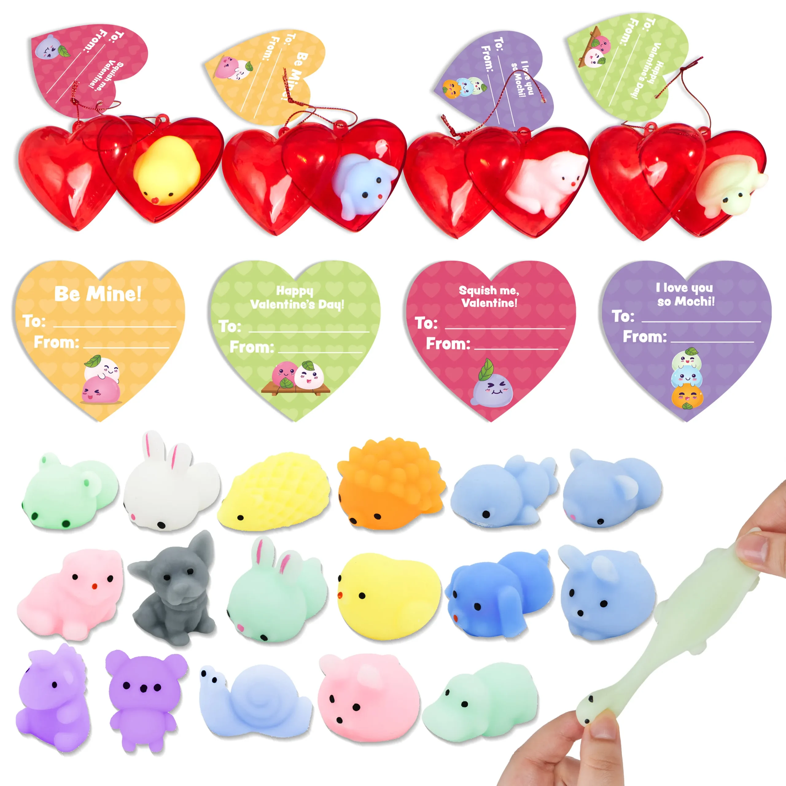 28Pcs Mochi squishy toy Toys Prefilled Hearts with Kids Valentines Cards 2025 Valentine Exchange Cards / 28Pcs Kids Valentines Cards With Glitter Moch